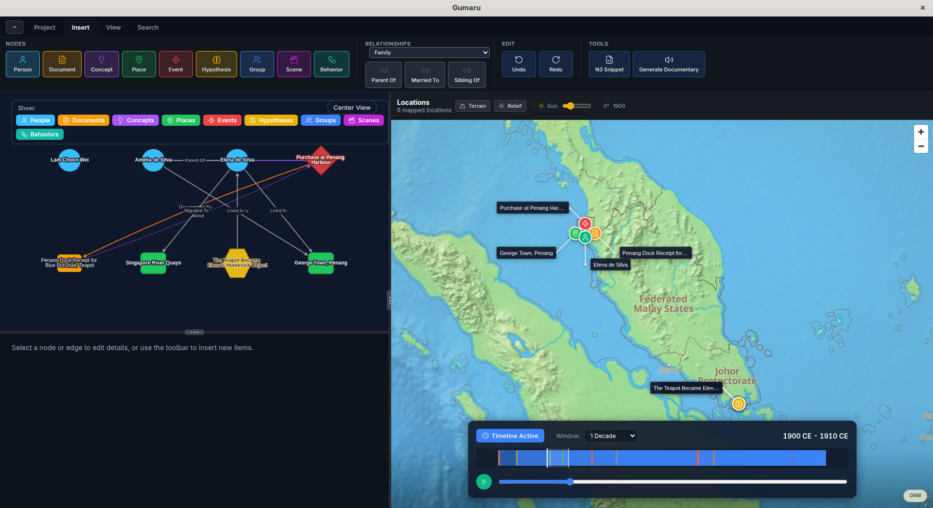 Gumaru interface showing the family node graph of Amelia and Elena de Silva beside an interactive 3D terrain map of Penang