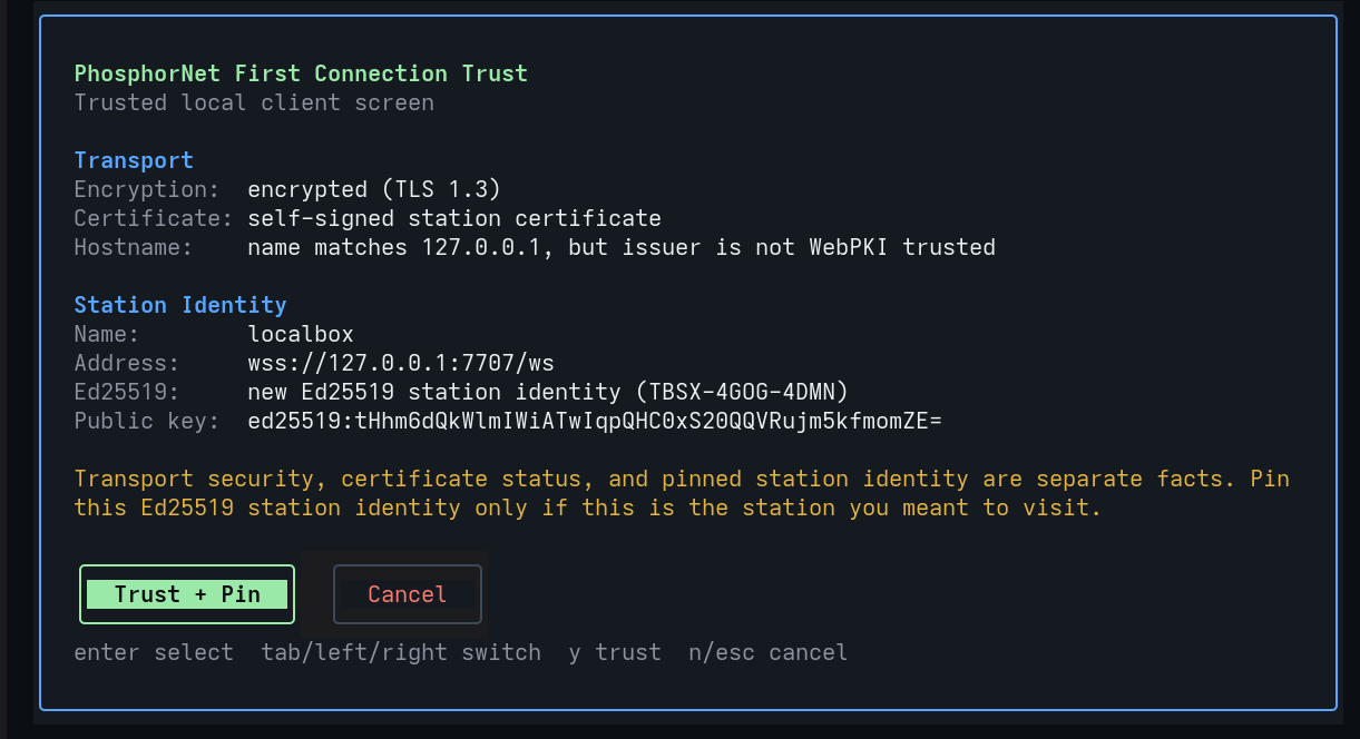 First connection trust screen showing transport details, station identity, and trust prompt